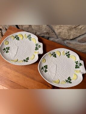 Bassano Italy Ceramic Fish-Shaped Serving Platters with Lemon & Parsley Accents